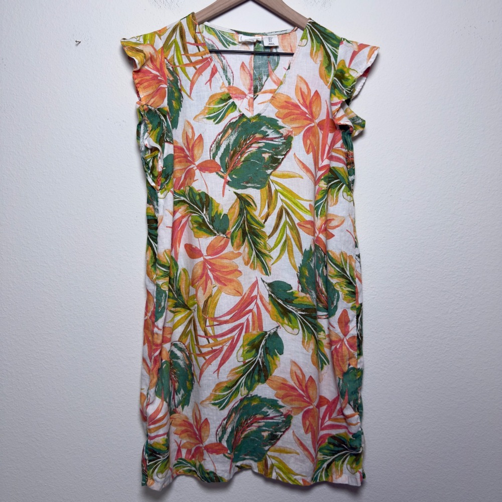 Nicole Miller Women 100% Linen Mini Dress Small White Orange Green Tropical